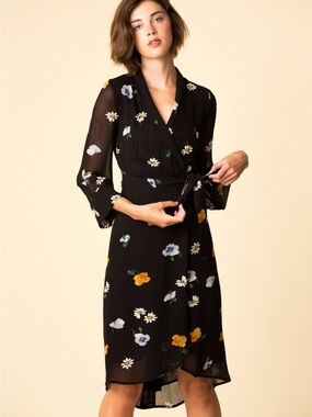 Ganni Sz 38 Black Floral Midi Wrap Dress with Tie Waist Ditsy Georgette
